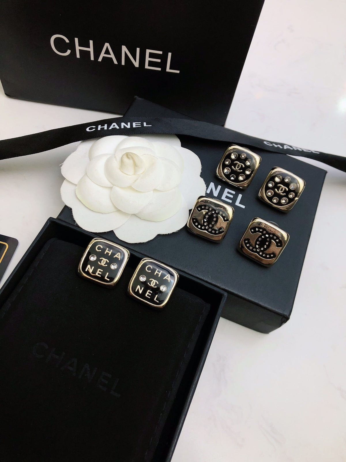 Chanel Acrylic Swarovski Crystal Stud Earrings