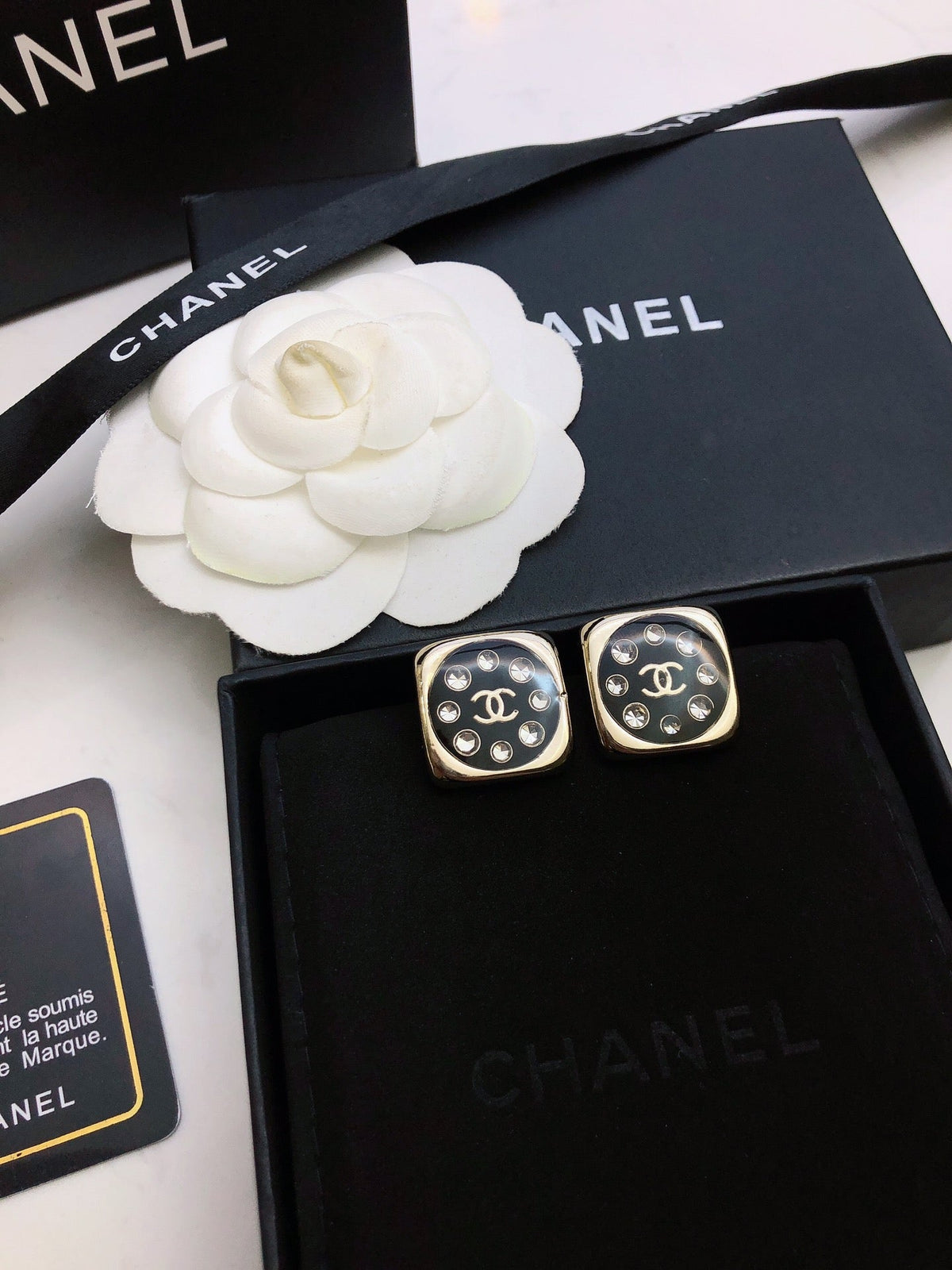 Chanel Acrylic Swarovski Crystal Stud Earrings
