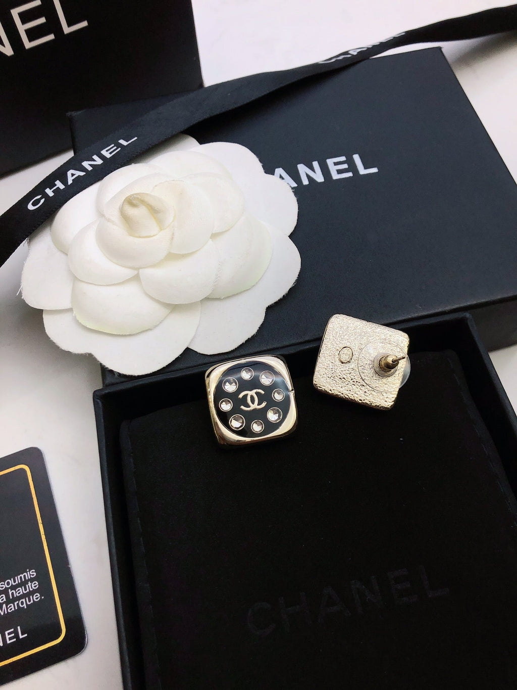 Chanel Acrylic Swarovski Crystal Stud Earrings