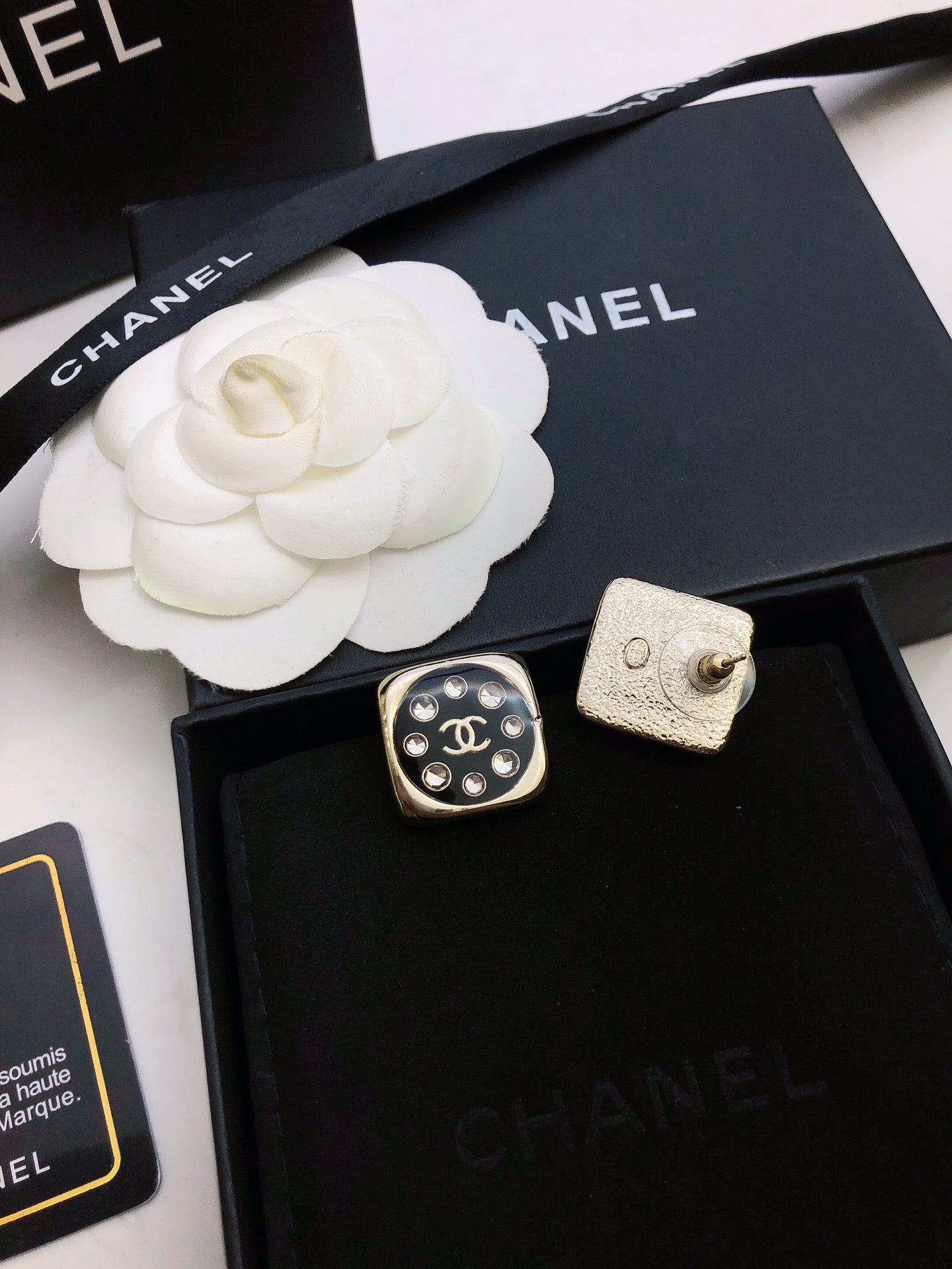 Chanel Acrylic Swarovski Crystal Stud Earrings