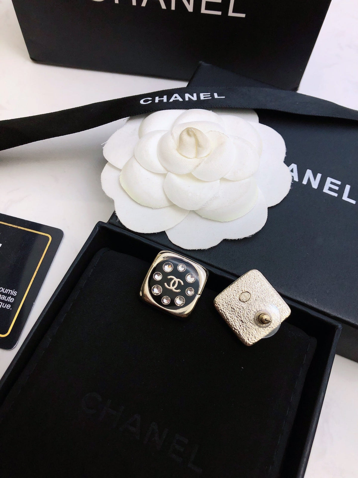 Chanel Acrylic Swarovski Crystal Stud Earrings