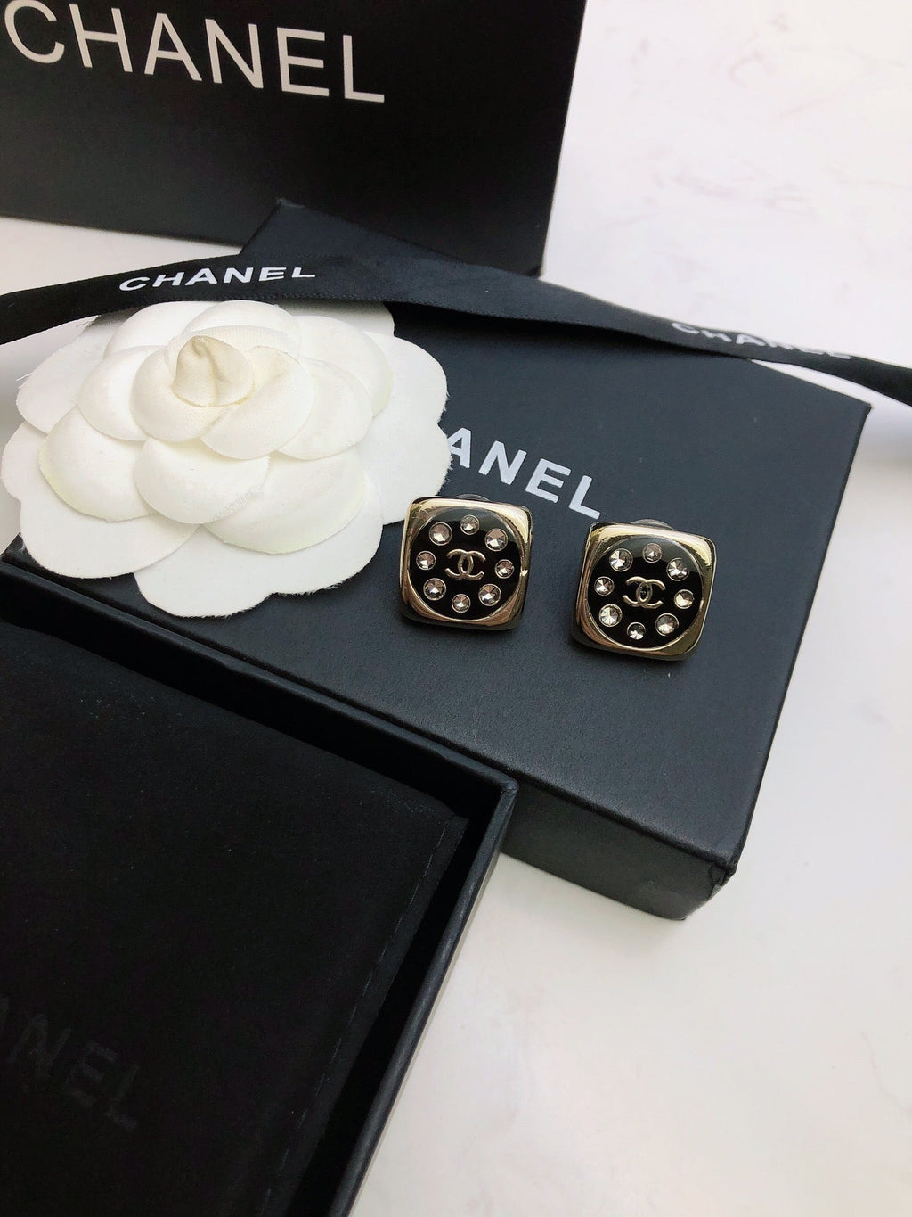 Chanel Acrylic Swarovski Crystal Stud Earrings