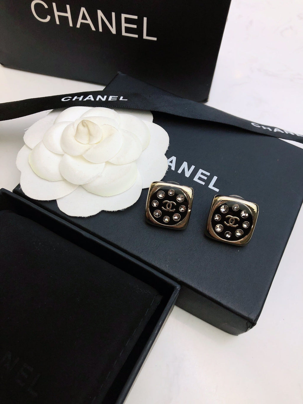 Chanel Acrylic Swarovski Crystal Stud Earrings