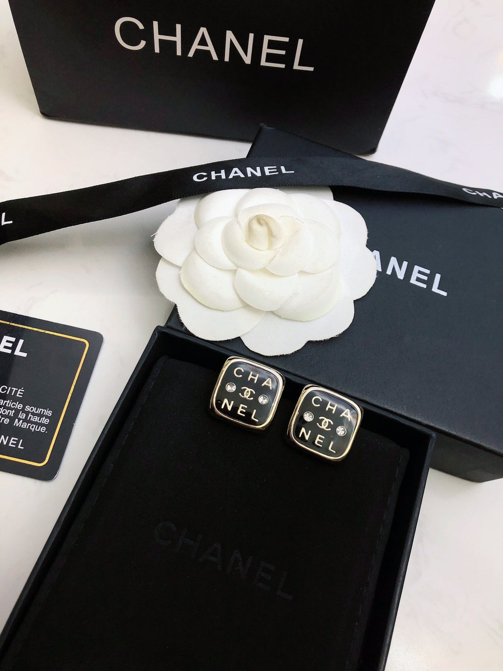 Chanel Acrylic Swarovski Crystal Stud Earrings