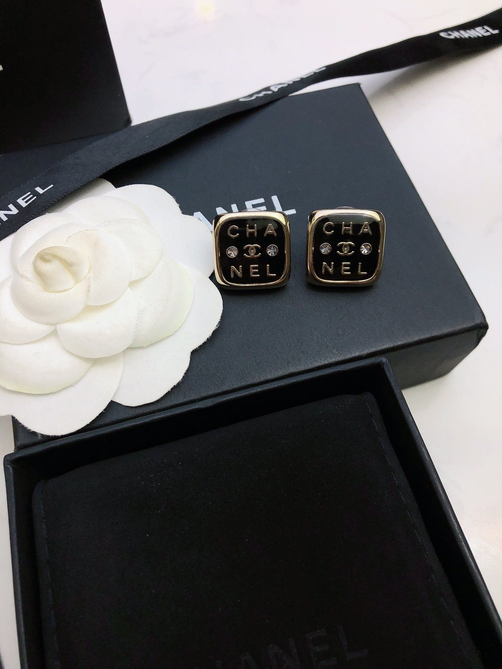 Chanel Acrylic Swarovski Crystal Stud Earrings