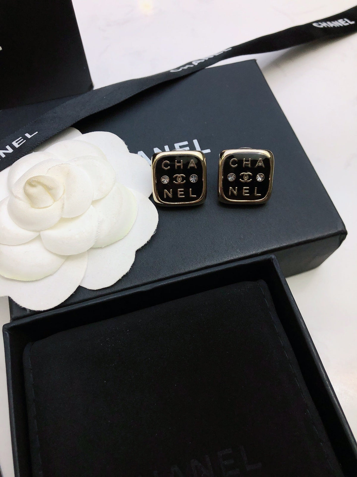 Chanel Acrylic Swarovski Crystal Stud Earrings