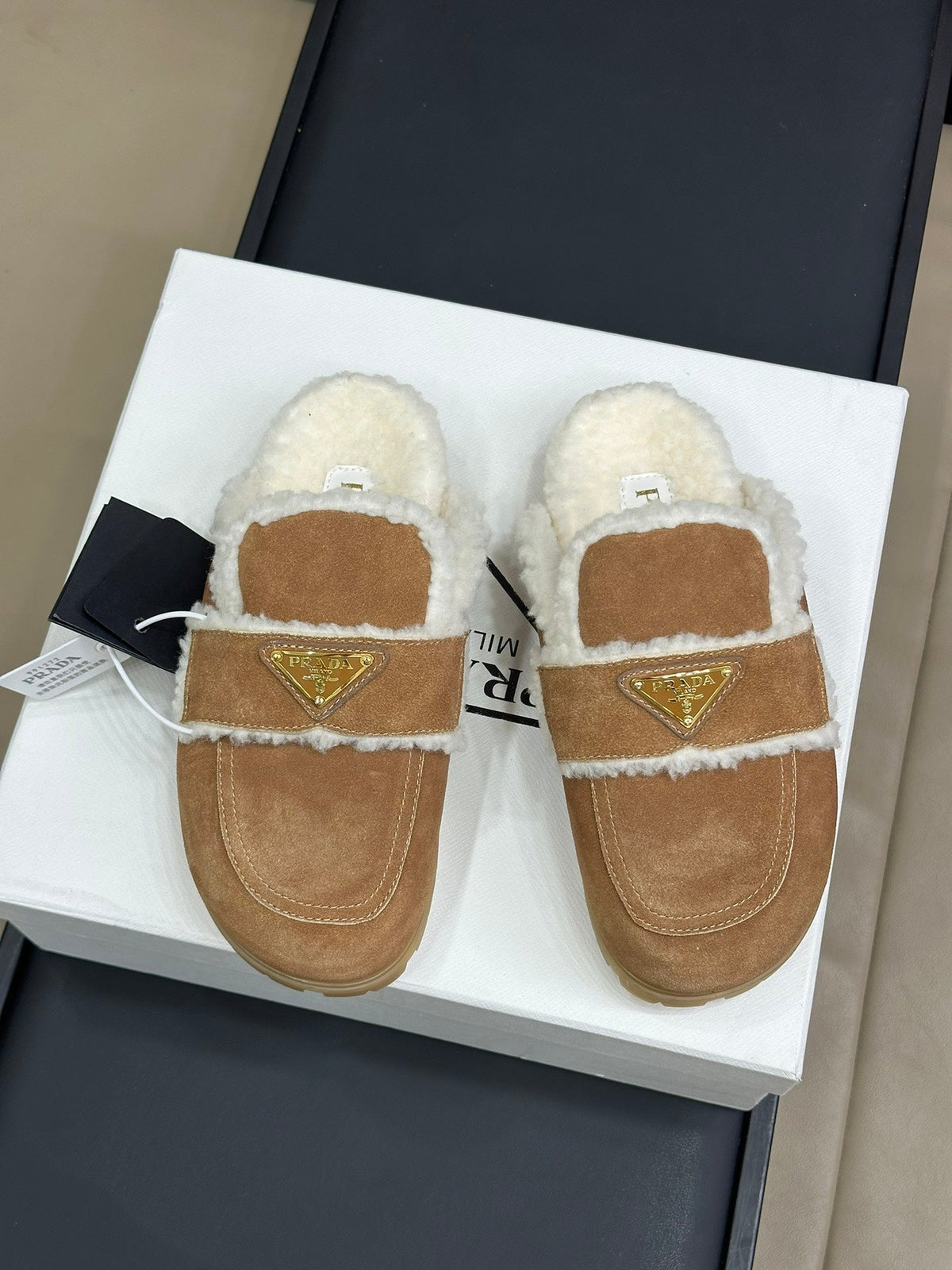 Prada FW24 Suede Fur Slippers – FW24