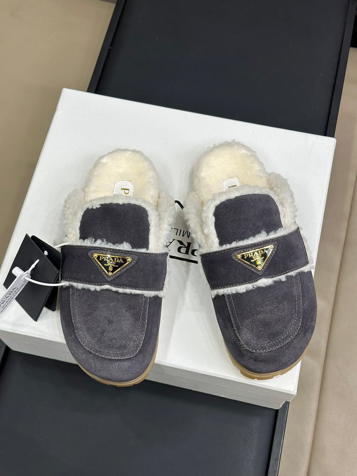 Prada FW24 Suede Fur Slippers – FW24