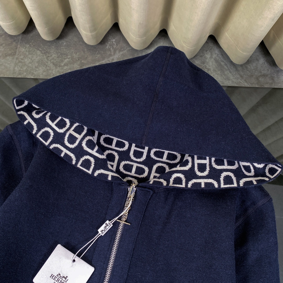 Hermès Classic Jacquard Cashmere Hooded Cardigan