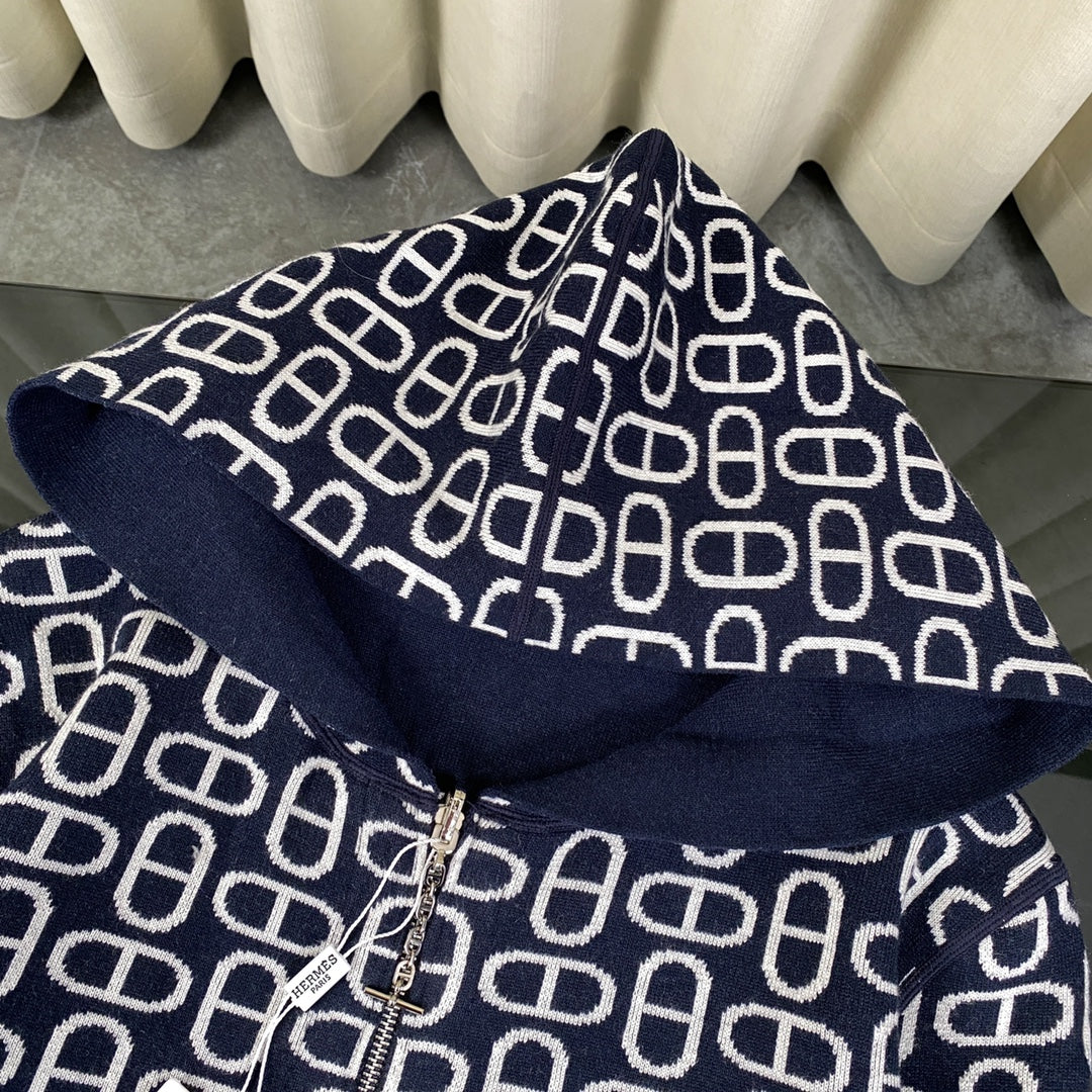 Hermès Classic Jacquard Cashmere Hooded Cardigan