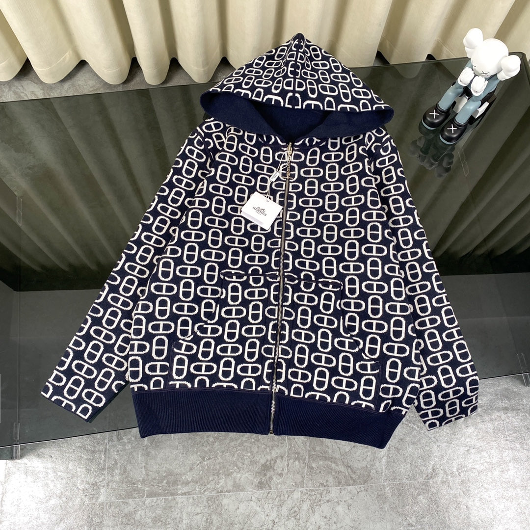 Hermès Classic Jacquard Cashmere Hooded Cardigan