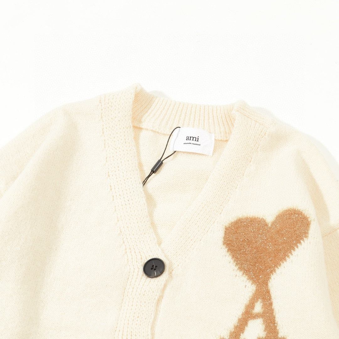 AMI Paris Holiday Limited Gold Heart Jacquard Cardigan – 24FW
