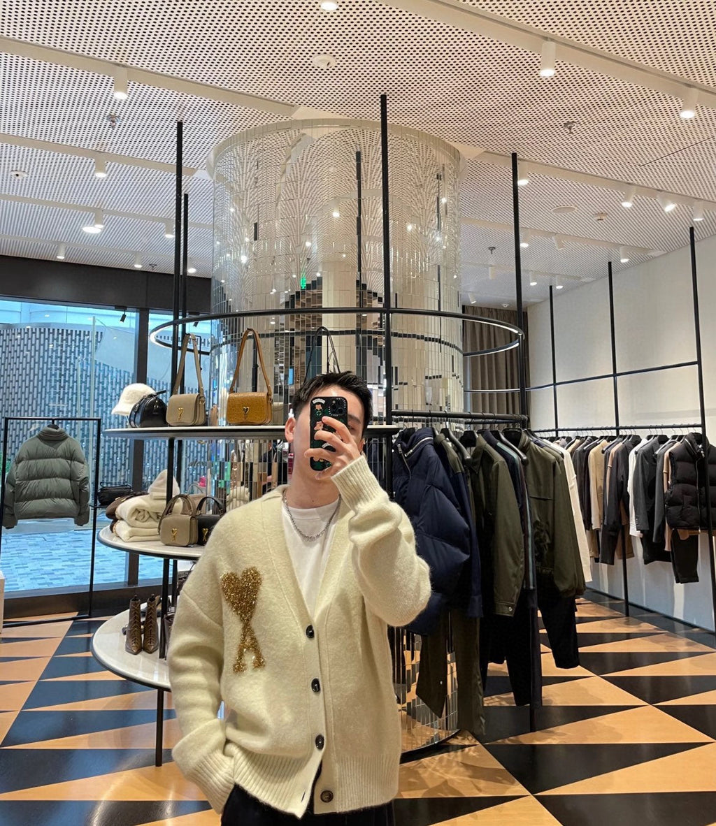 AMI Paris Holiday Limited Gold Heart Jacquard Cardigan – 24FW