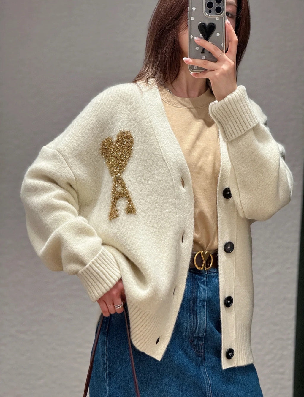 AMI Paris Holiday Limited Gold Heart Jacquard Cardigan – 24FW