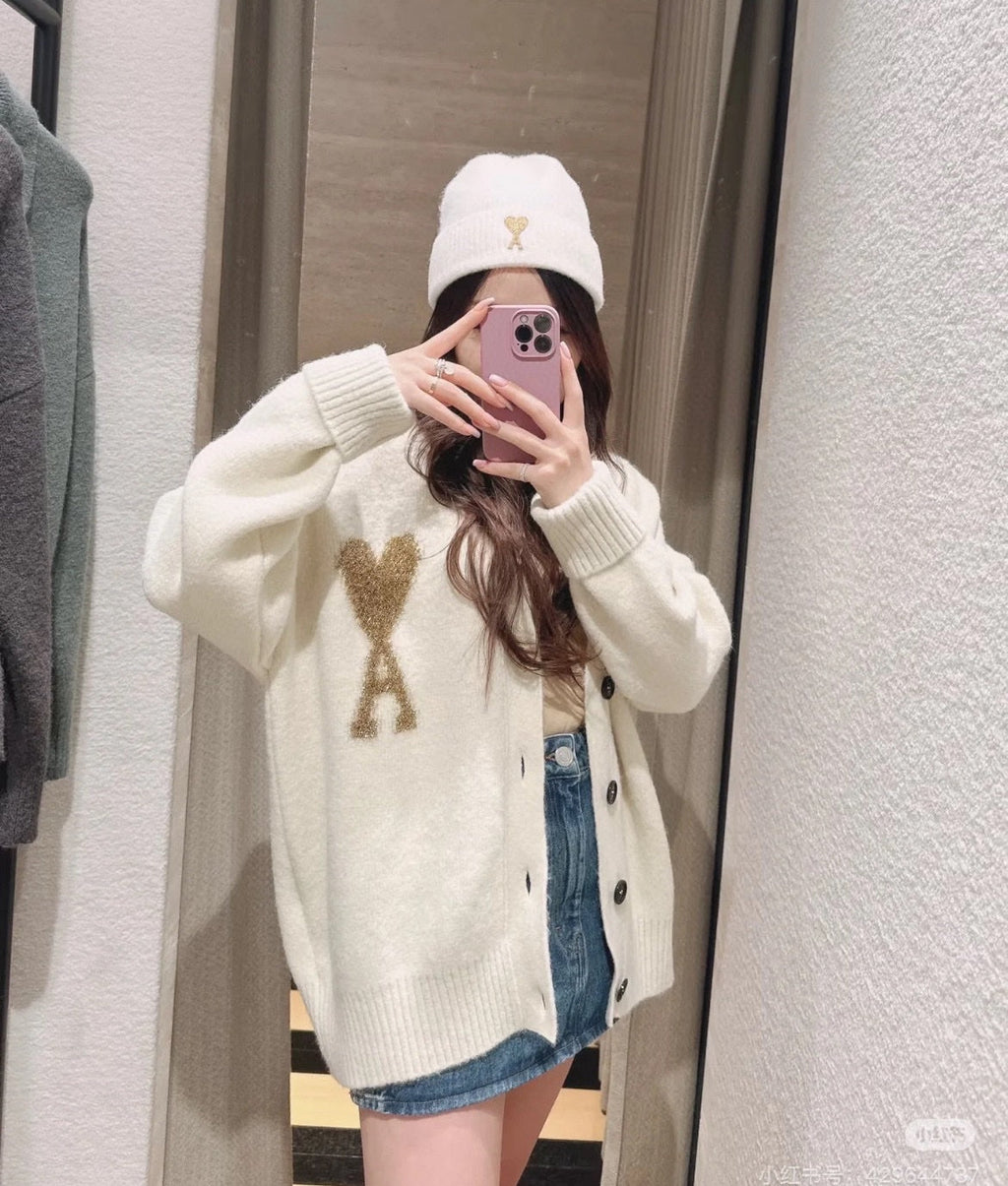AMI Paris Holiday Limited Gold Heart Jacquard Cardigan – 24FW