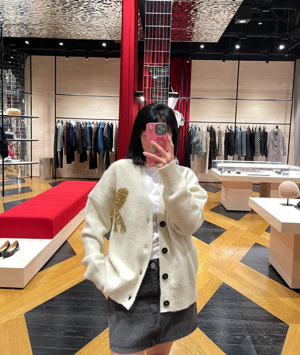 AMI Paris Holiday Limited Gold Heart Jacquard Cardigan – 24FW