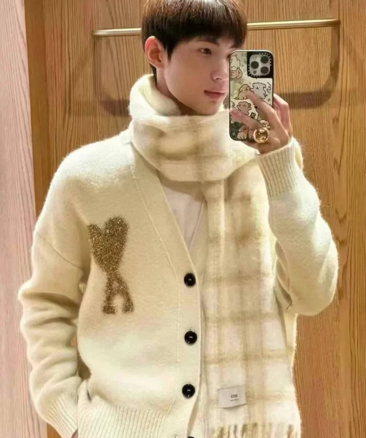 AMI Paris Holiday Limited Gold Heart Jacquard Cardigan – 24FW
