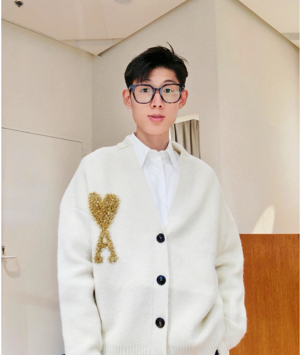 AMI Paris Holiday Limited Gold Heart Jacquard Cardigan – 24FW