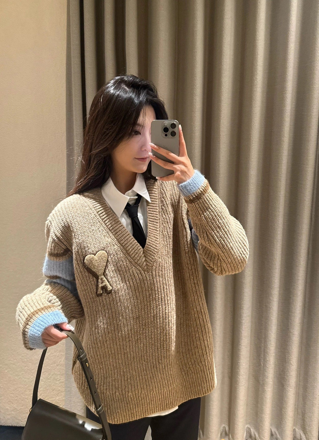 AMI Paris Warm Khaki V-Neck Sweater