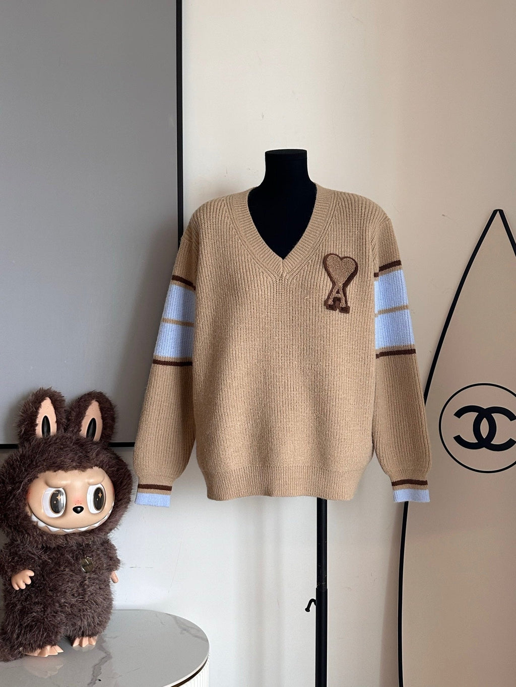 AMI Paris Warm Khaki V-Neck Sweater