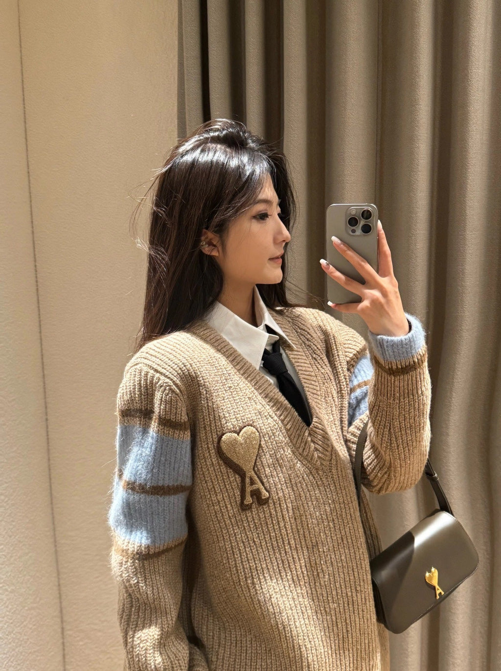 AMI Paris Warm Khaki V-Neck Sweater