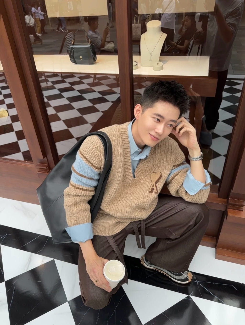 AMI Paris Warm Khaki V-Neck Sweater