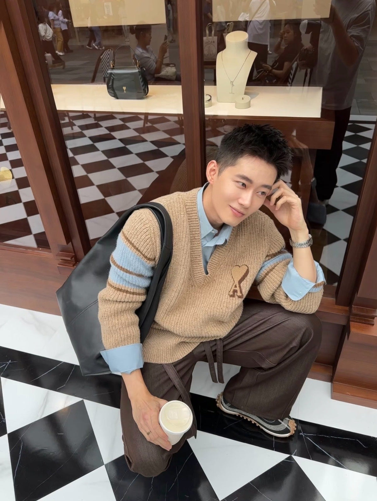 AMI Paris Warm Khaki V-Neck Sweater