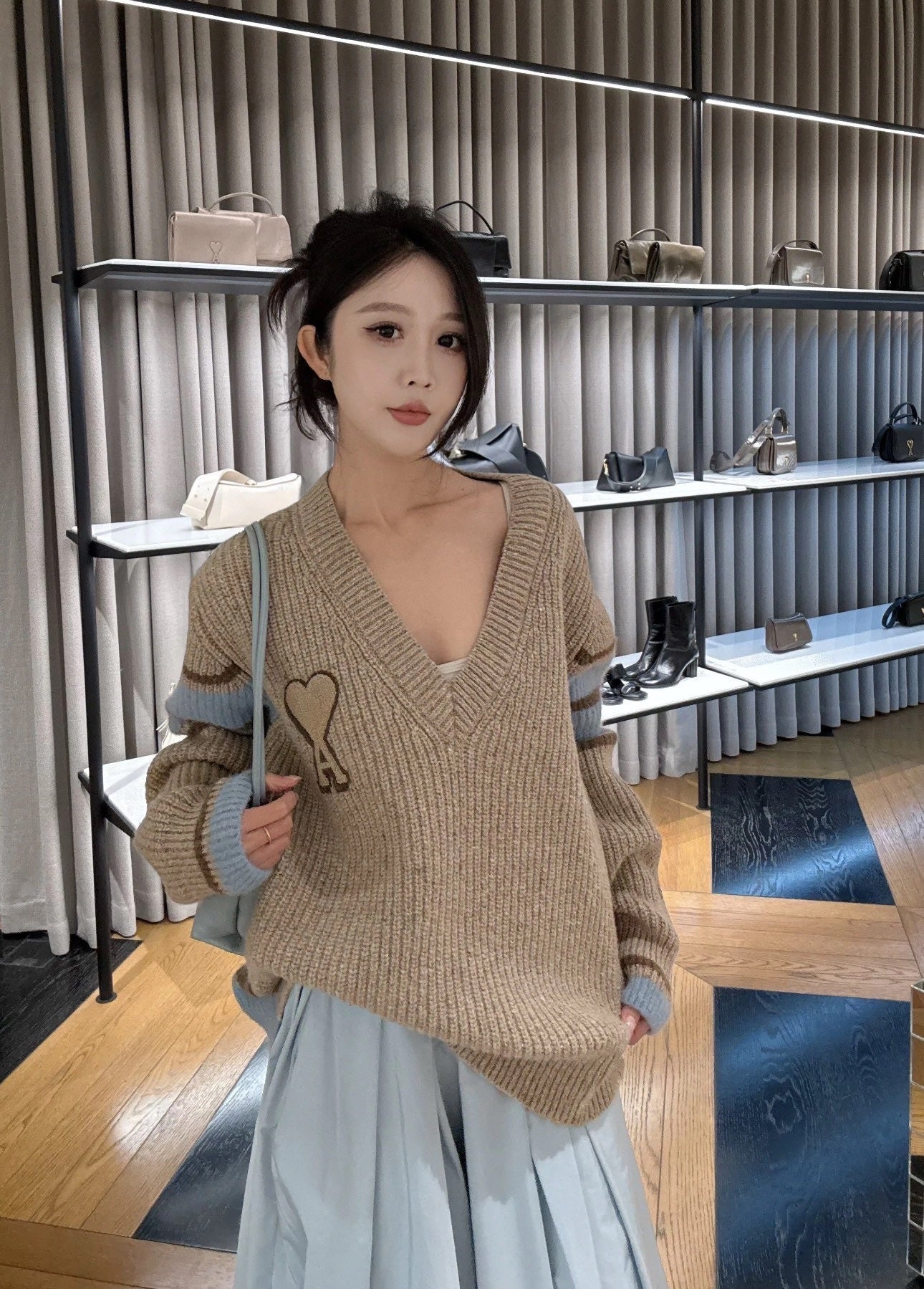 AMI Paris Warm Khaki V-Neck Sweater