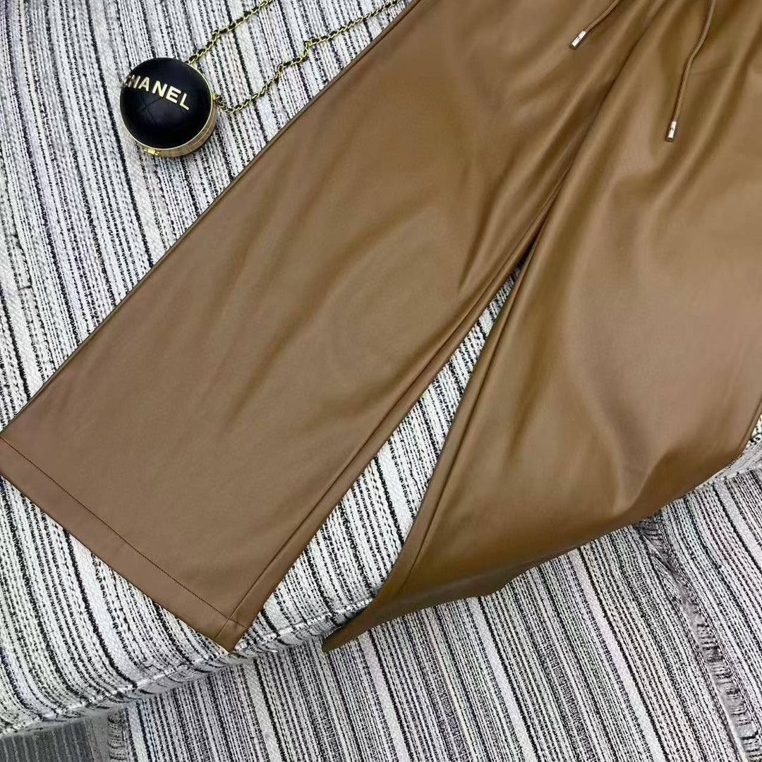 Miu Miu Letter Elastic Waist Straight Leather Pants