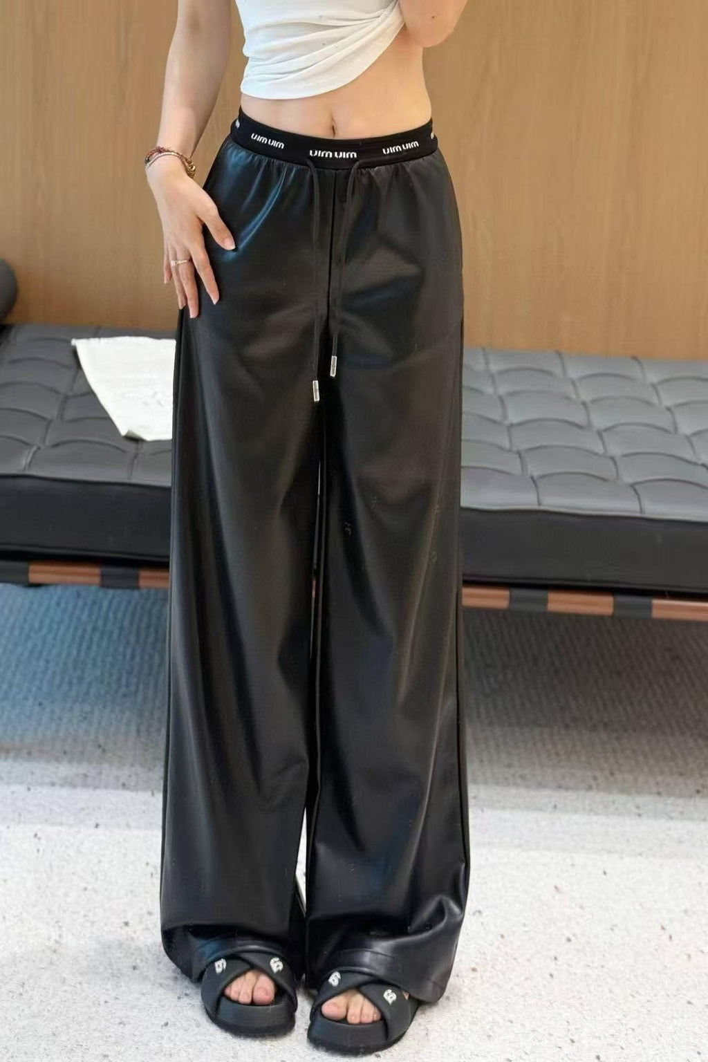 Miu Miu Letter Elastic Waist Straight Leather Pants