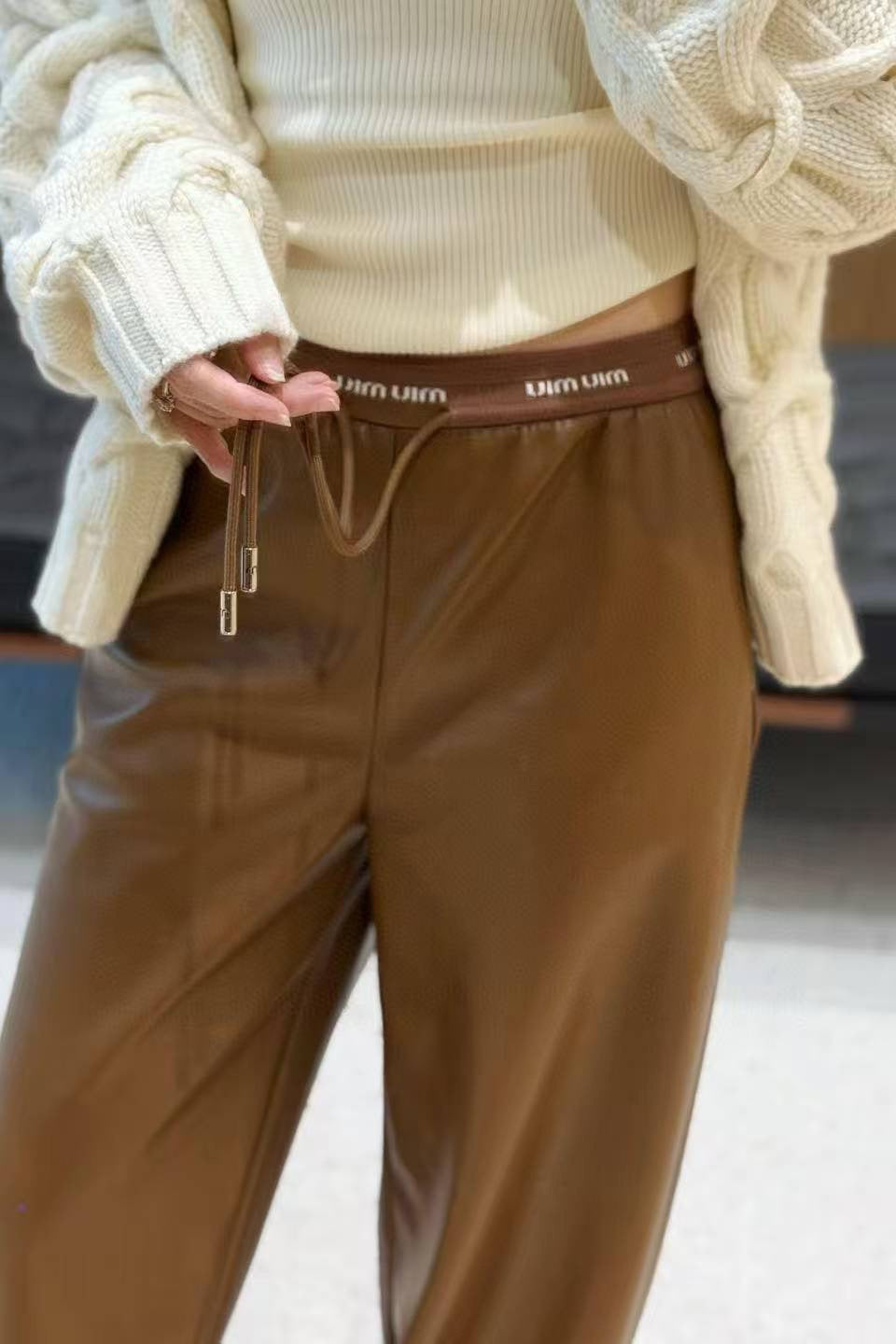 Miu Miu Letter Elastic Waist Straight Leather Pants