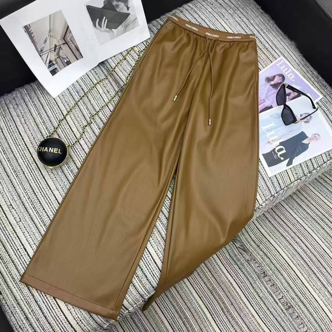 Miu Miu Letter Elastic Waist Straight Leather Pants