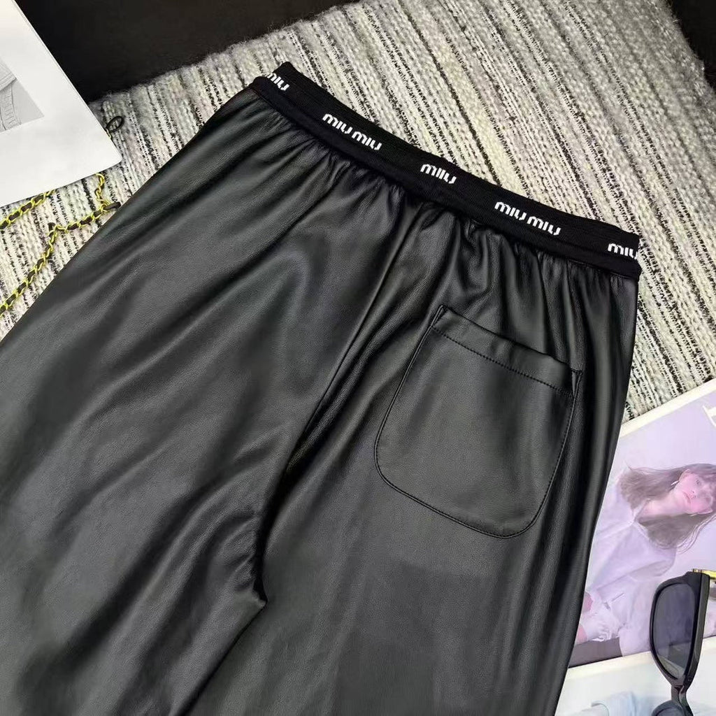 Miu Miu Letter Elastic Waist Straight Leather Pants