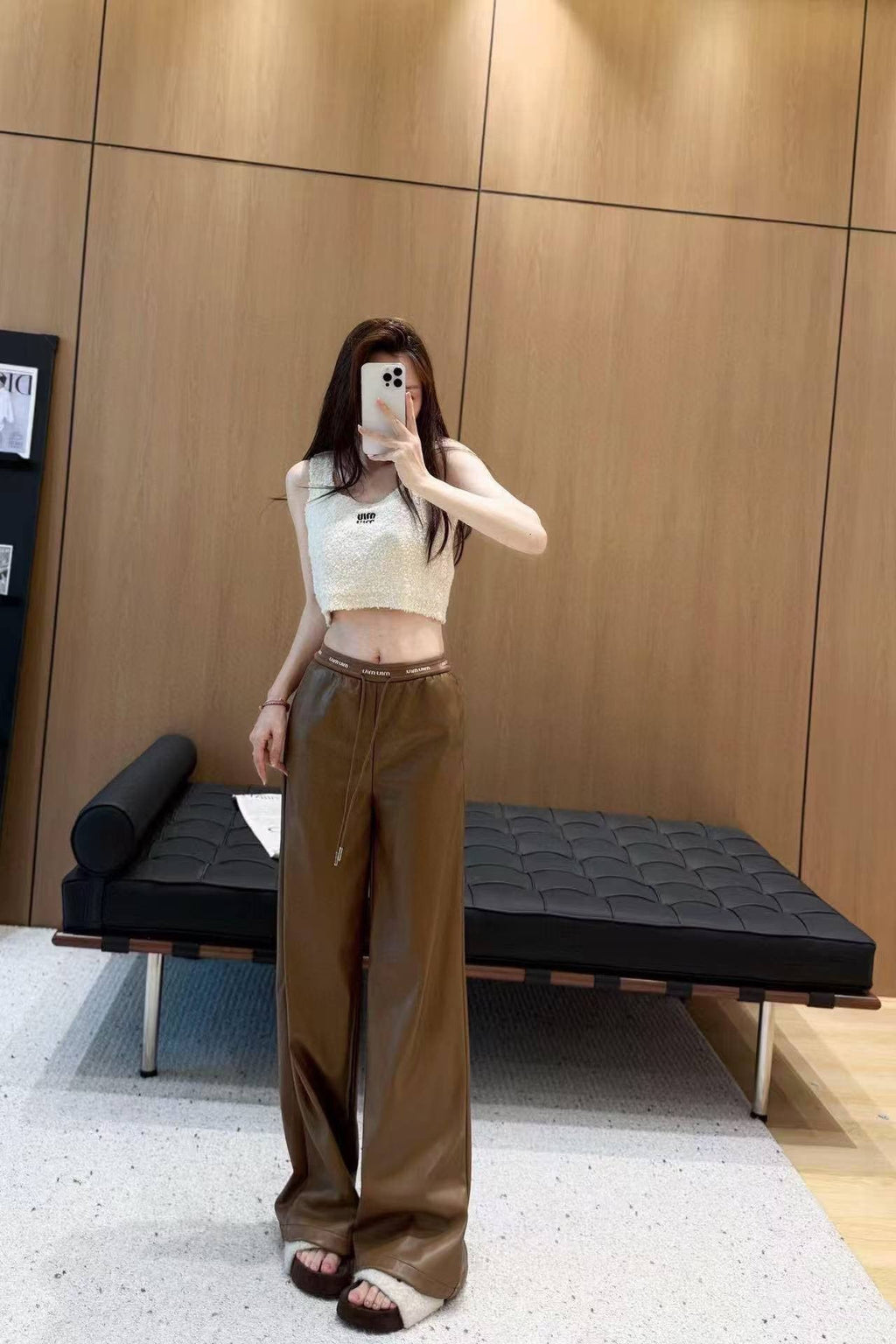 Miu Miu Letter Elastic Waist Straight Leather Pants