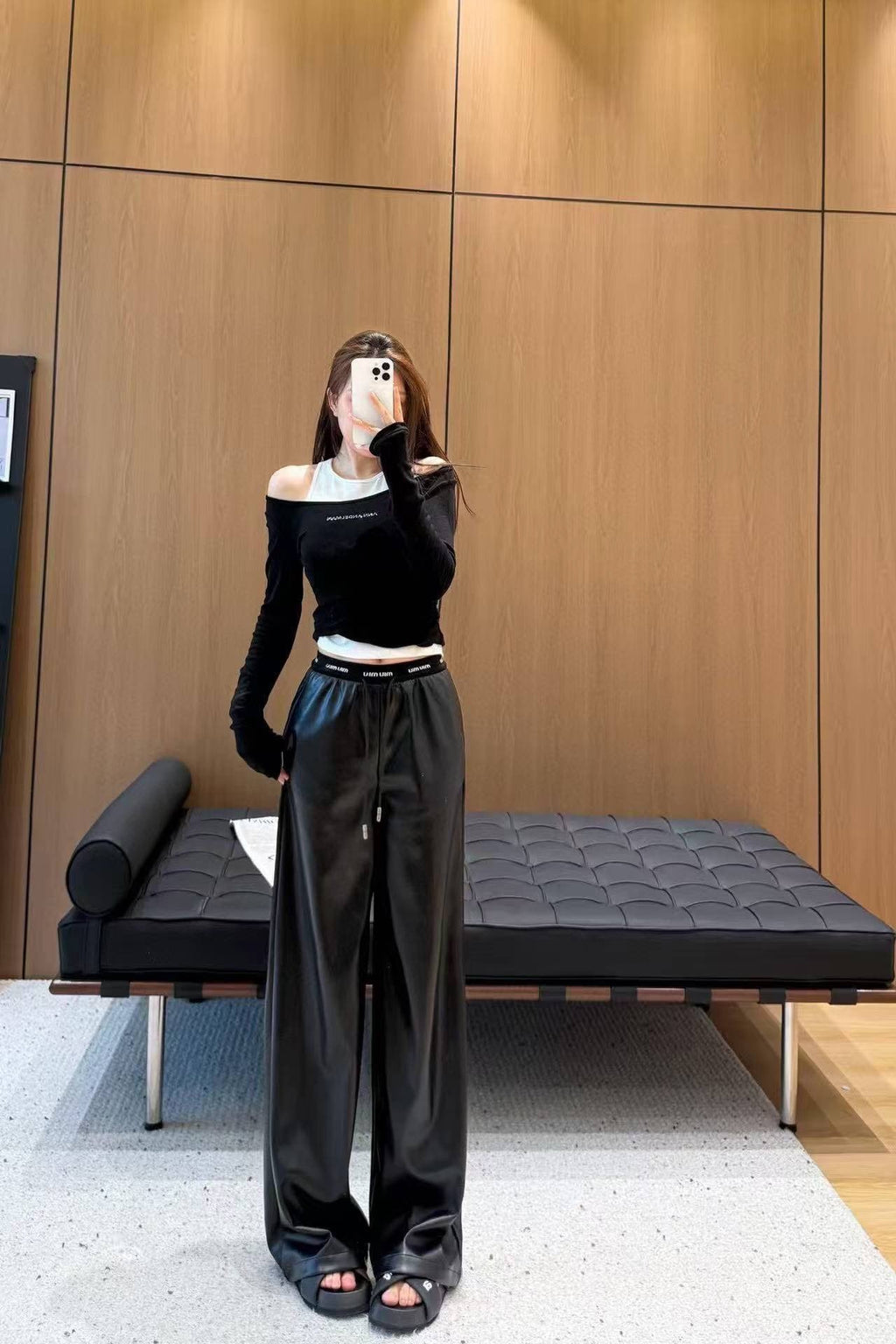 Miu Miu Letter Elastic Waist Straight Leather Pants