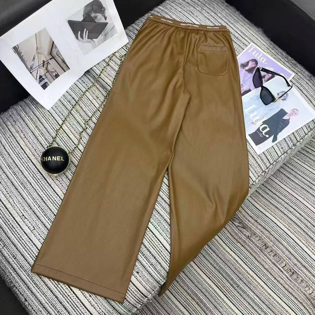 Miu Miu Letter Elastic Waist Straight Leather Pants