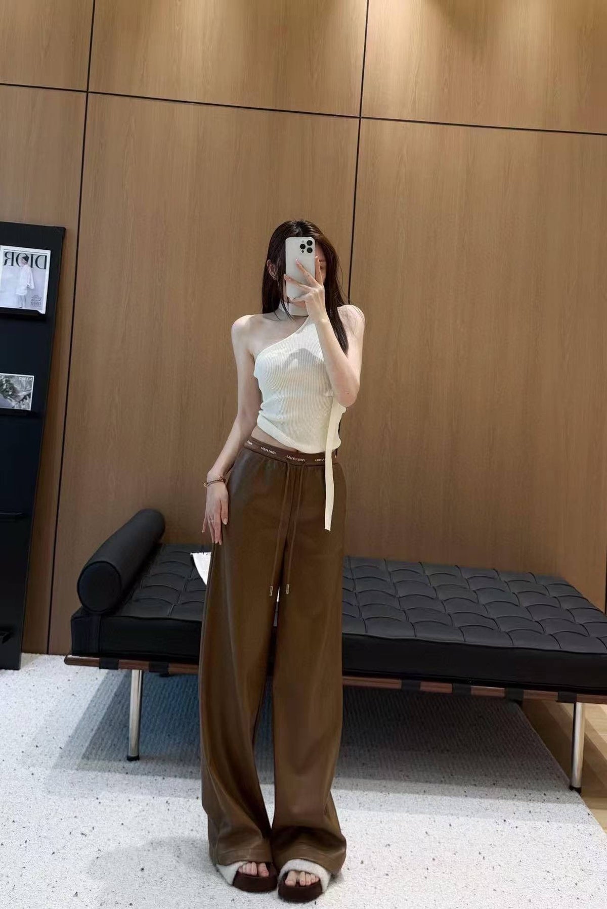 Miu Miu Letter Elastic Waist Straight Leather Pants
