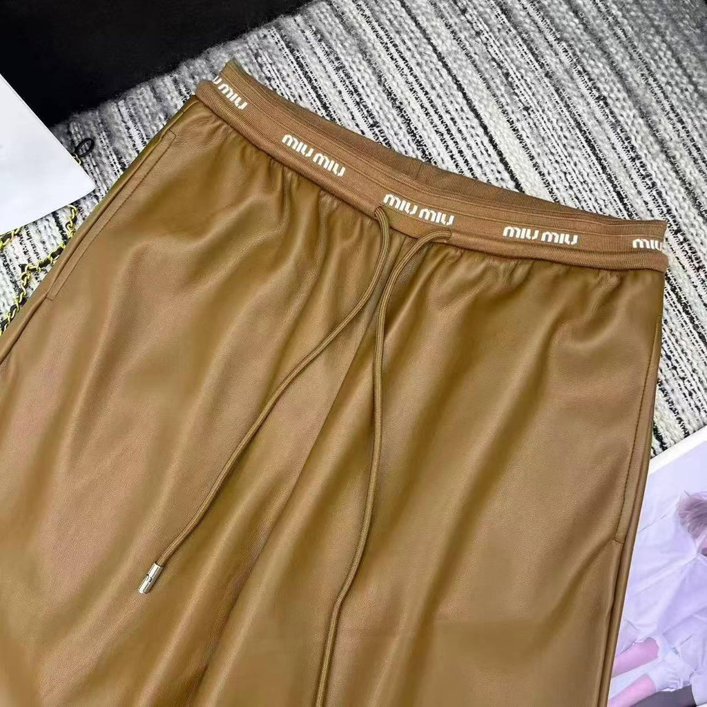 Miu Miu Letter Elastic Waist Straight Leather Pants