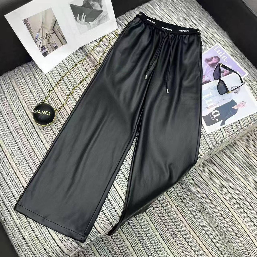 Miu Miu Letter Elastic Waist Straight Leather Pants