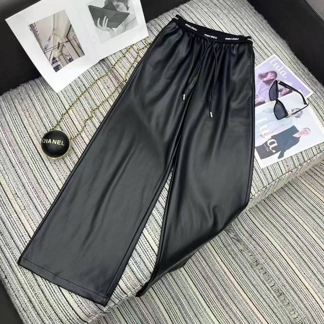Miu Miu Letter Elastic Waist Straight Leather Pants