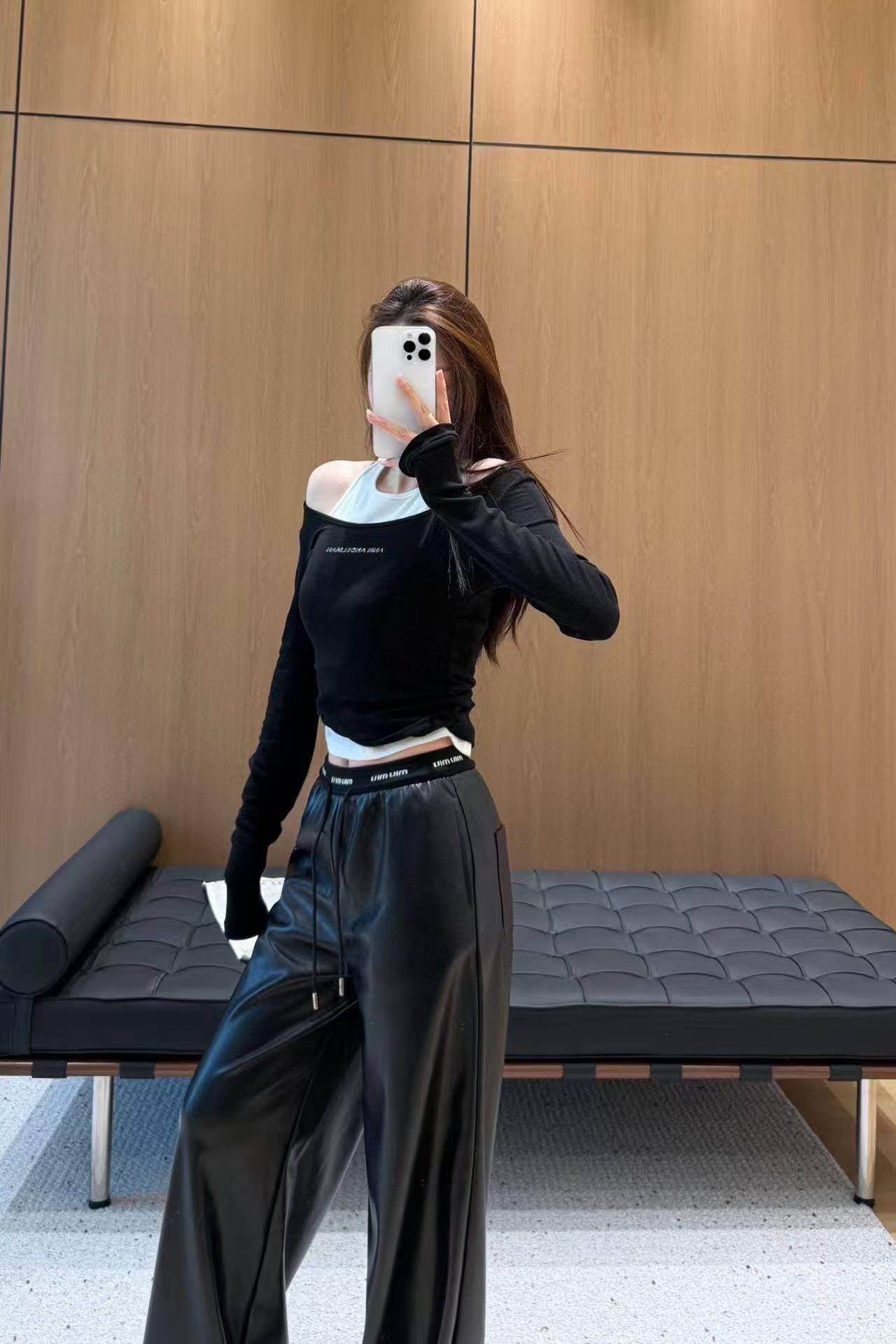 Miu Miu Letter Elastic Waist Straight Leather Pants