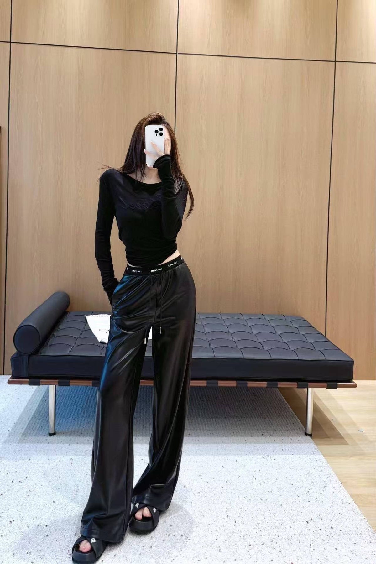Miu Miu Letter Elastic Waist Straight Leather Pants