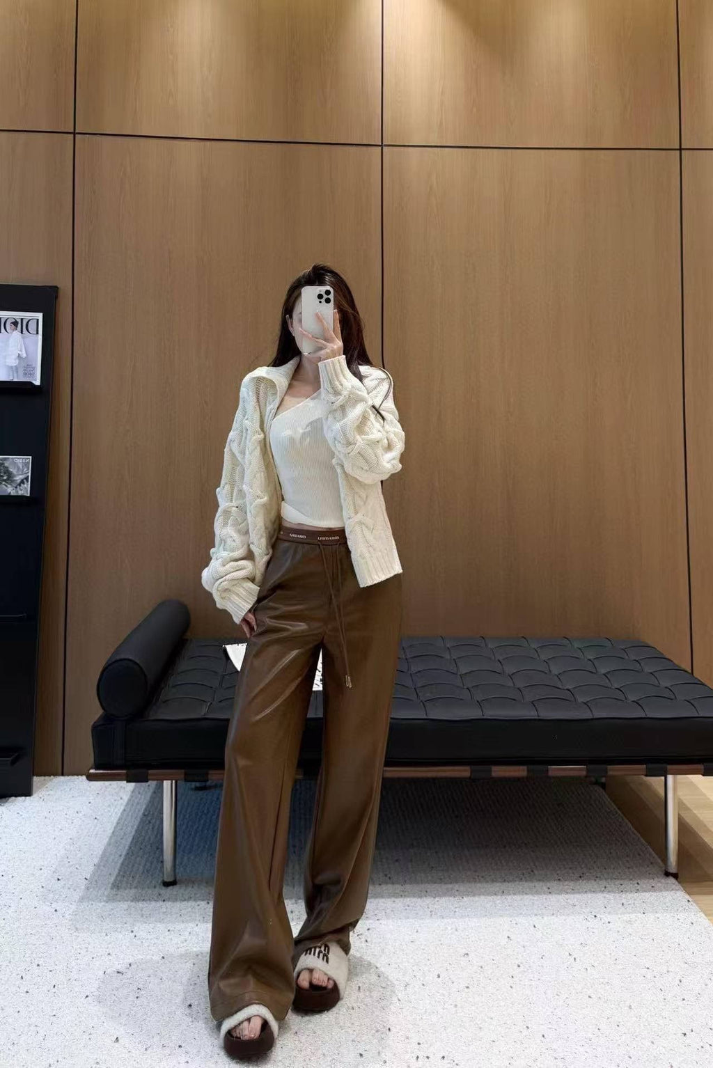 Miu Miu Letter Elastic Waist Straight Leather Pants