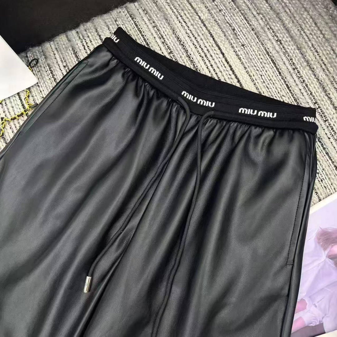 Miu Miu Letter Elastic Waist Straight Leather Pants
