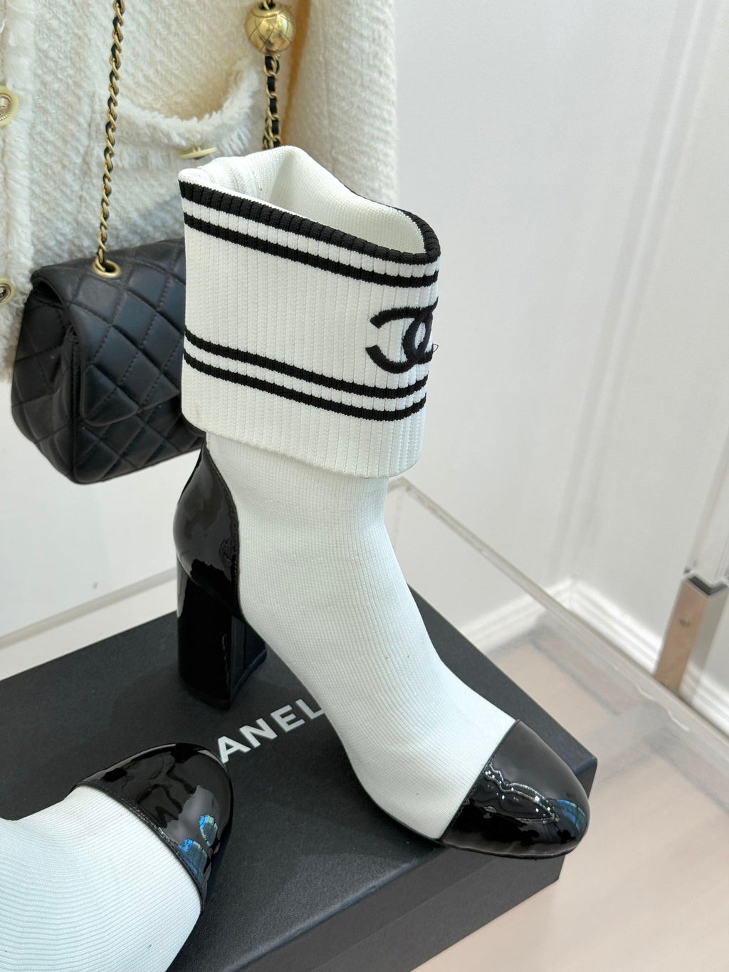 Chanel Classic Embroidered Double C Color-Block Sock Boots