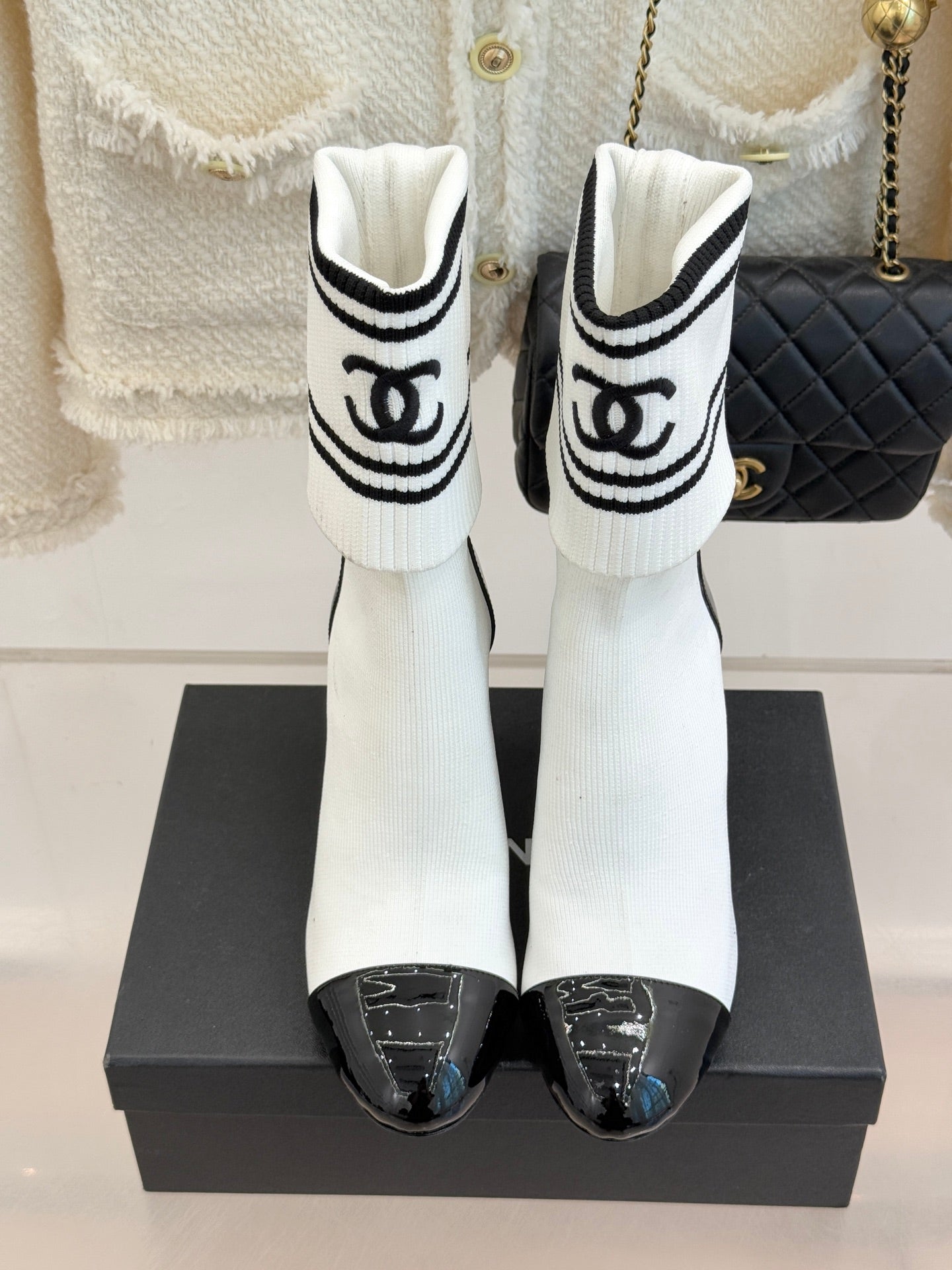 Chanel Classic Embroidered Double C Color-Block Sock Boots