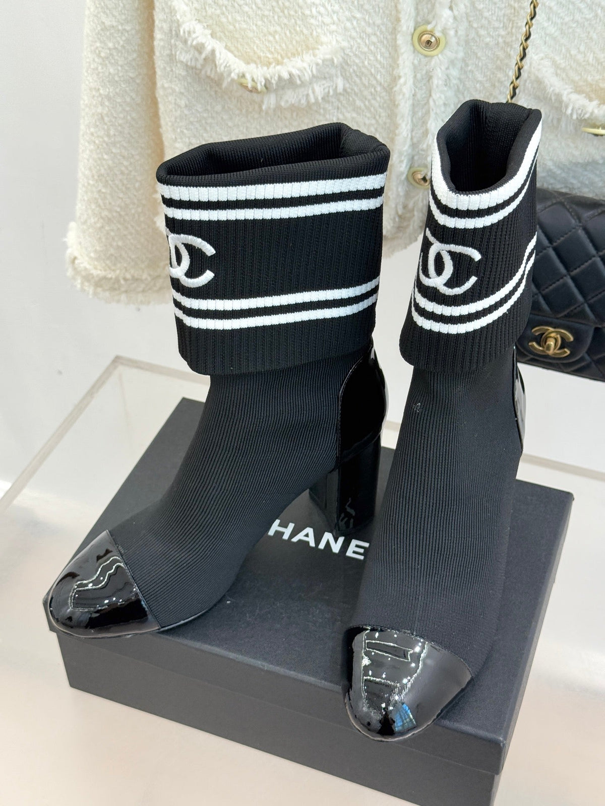 Chanel Classic Embroidered Double C Color-Block Sock Boots