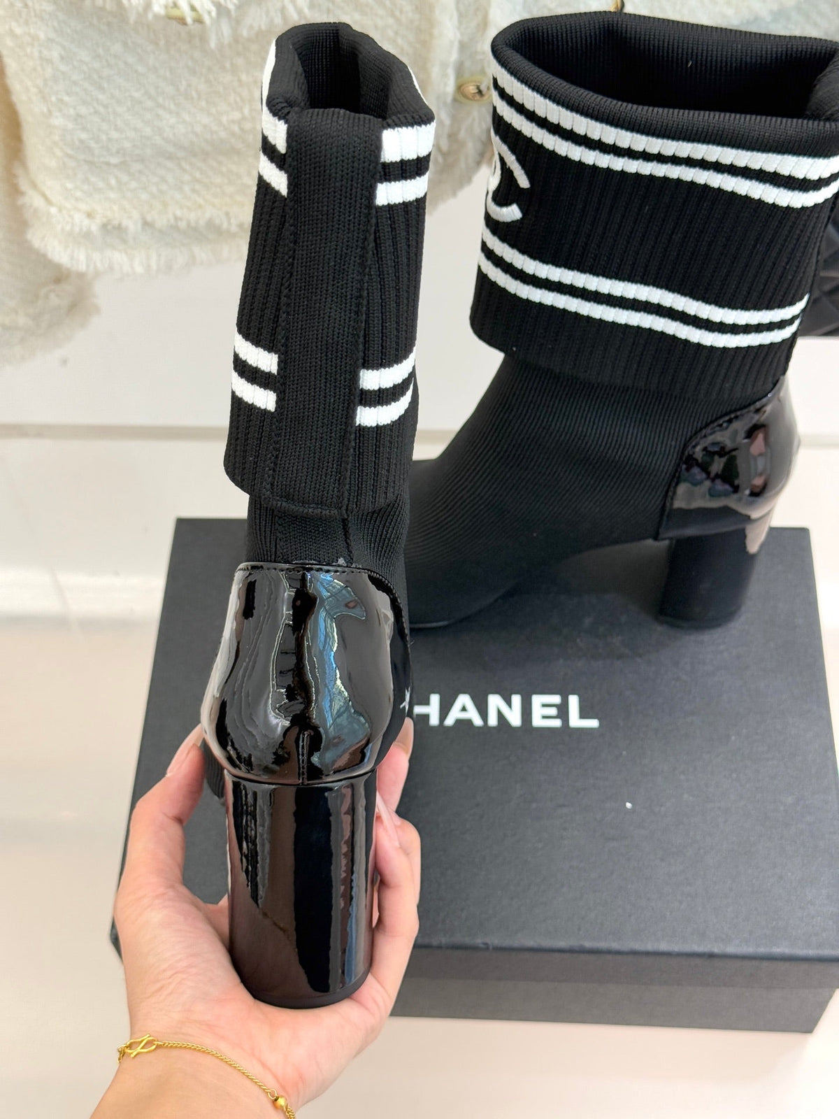 Chanel Classic Embroidered Double C Color-Block Sock Boots