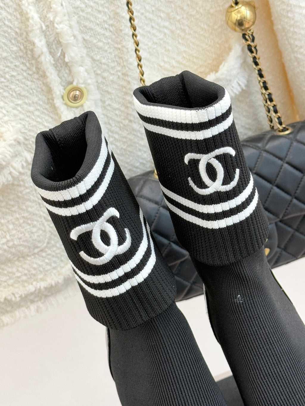 Chanel Classic Embroidered Double C Color-Block Sock Boots