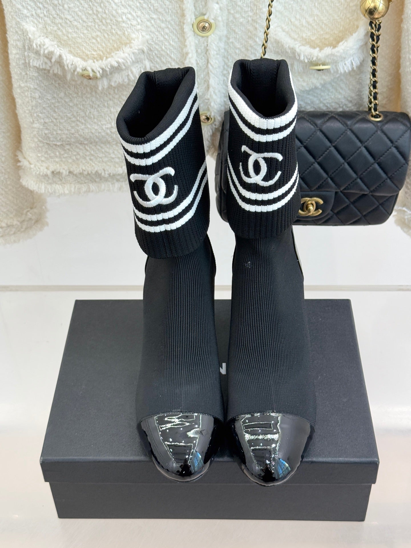 Chanel Classic Embroidered Double C Color-Block Sock Boots